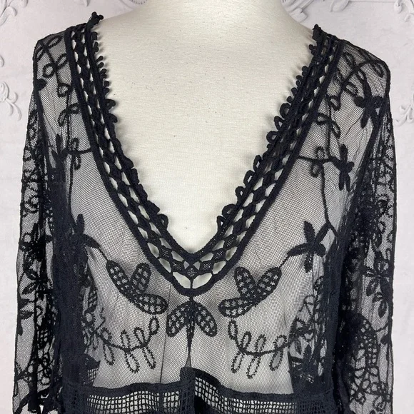 Bohemian Embroidered Floral Lace Sheer Mesh Top Swimsuit Coverup - Picture 6 of 8